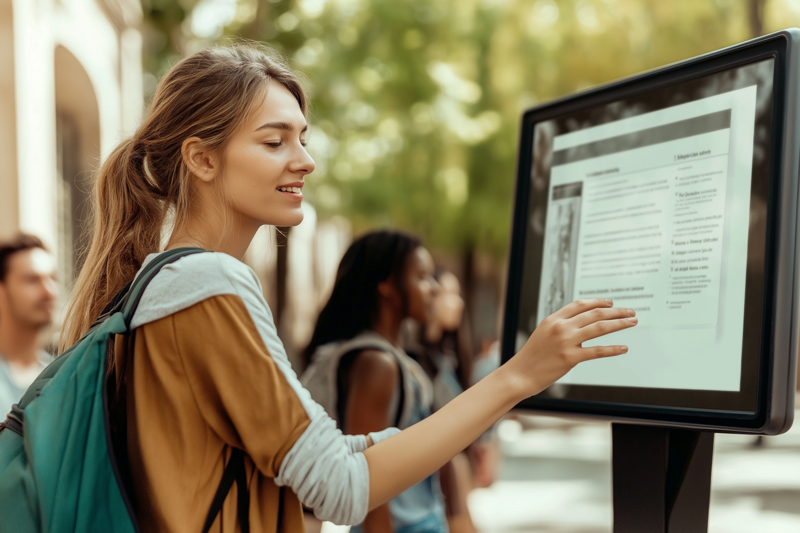 u3156837236Anrealistichighresolutionphotoofstudentslookbe5f05e522424868ab0171e31cf5eccb A student and a digital signage